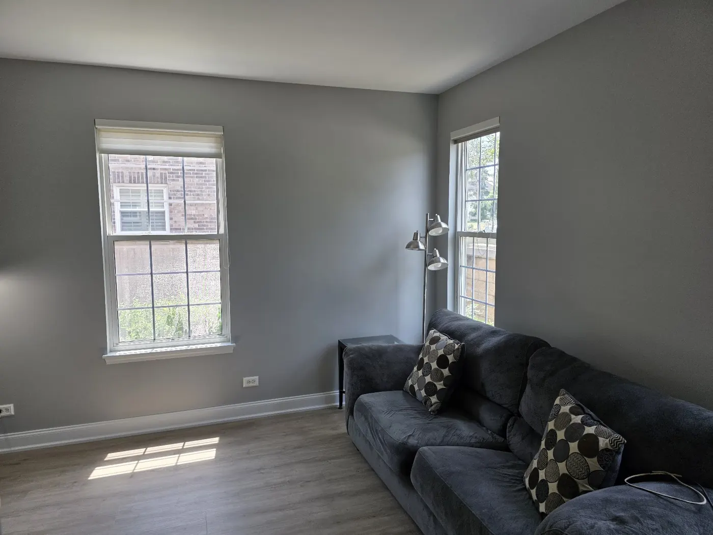 Living room with grey painted walls and white window trim.