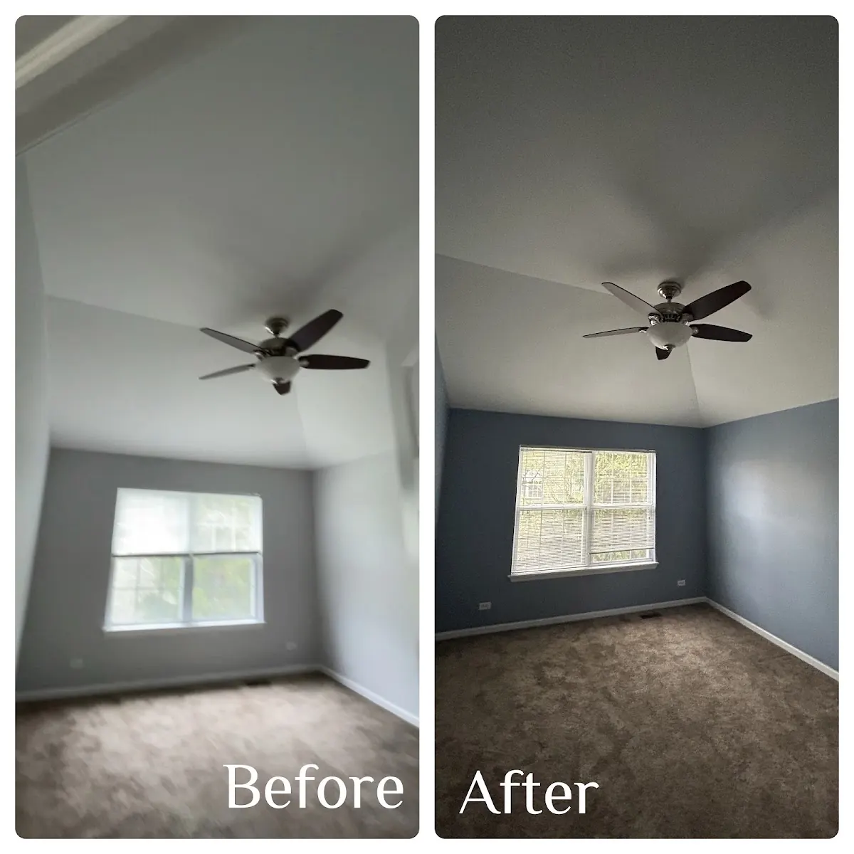 Before and after of a bedroom: light walls before, a dark accent wall after.