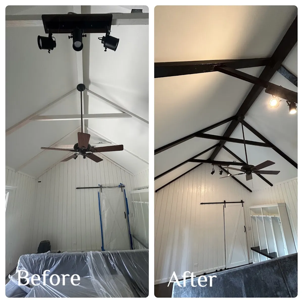 Before and after of a room with a vaulted ceiling: covered in plastic before, white walls with dark beams after.