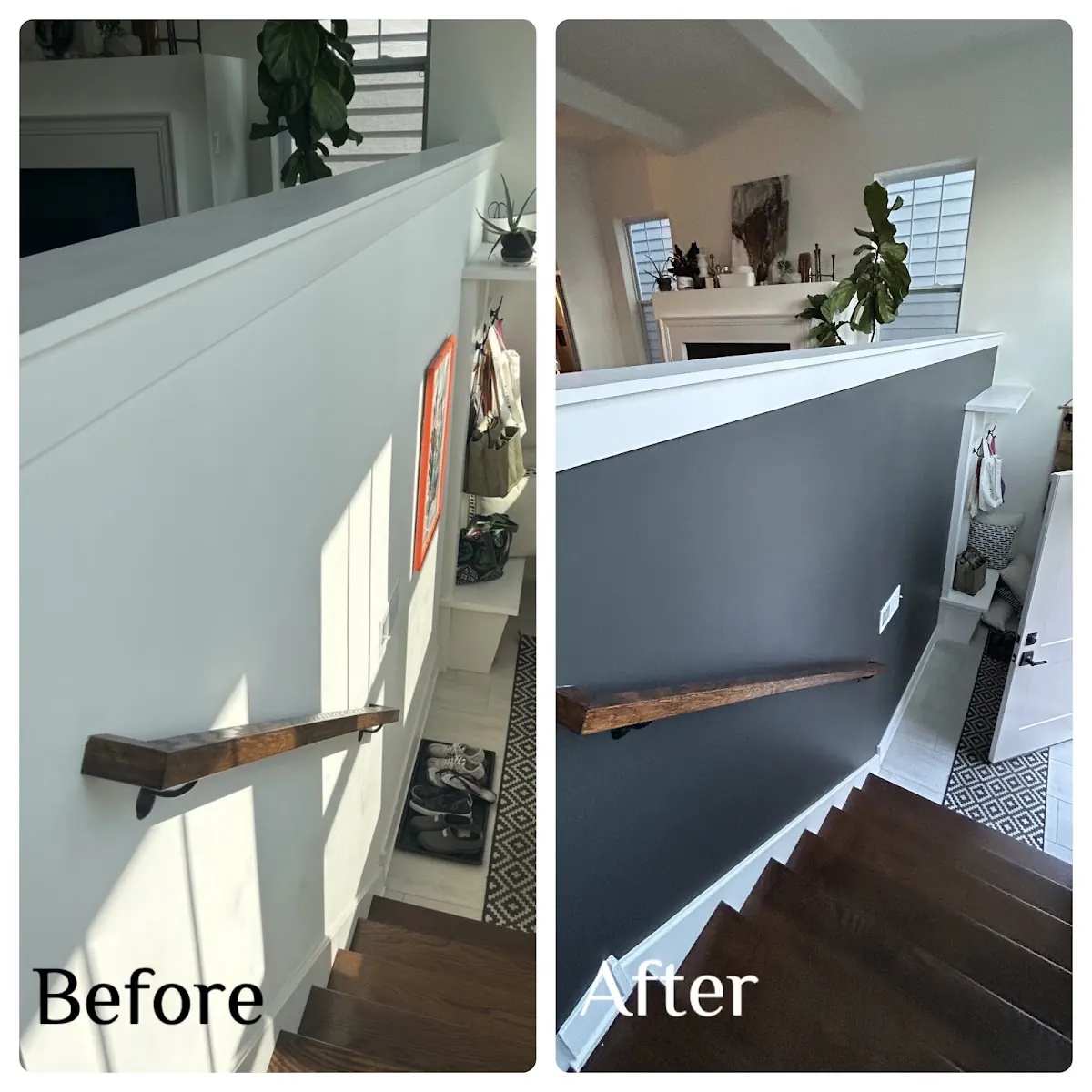 Before and after of a stairway wall: plain light wall before, dark accent wall after.